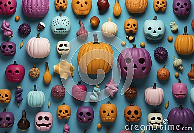 Halloween carved pumpkins flat lay in pastel colors. Stock Photo