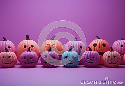 Halloween carved pumpkins in neon colors. Stock Photo