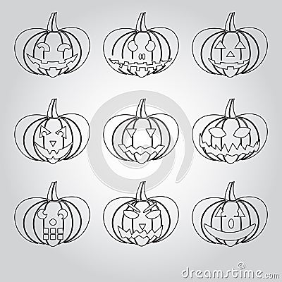 Halloween carved pumpkins outline icons set eps10 Vector Illustration