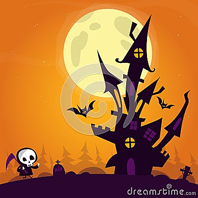 Halloween Castle. Illustration of a spooky haunted castle on hill inside Halloween landscape background Vector Illustration