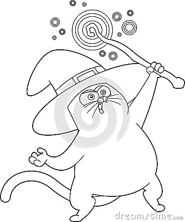 Outlined Halloween Witch Black Cat Cartoon Character With Magic Wand Making Magic Vector Illustration