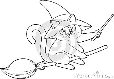 Outlined Halloween Witch Black Cat Cartoon Character Fly A Broom Vector Illustration