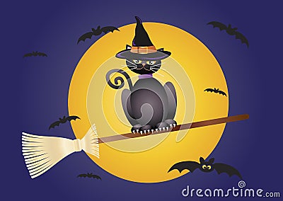 Halloween Cat Flying on Broomstick Illustration Vector Illustration