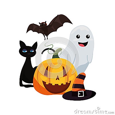 Halloween cat ghost pumpkin bat and hat Vector Illustration