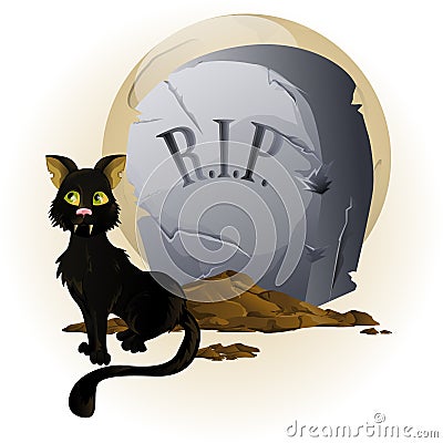 Halloween Cat on Tombstone Vector Illustration