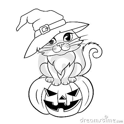 Halloween cat in a witch hat sitting on halloween pumpkin. Black and white illustration for coloring book Vector Illustration