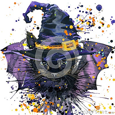 Halloween cat and witch hat. Watercolor illustration background Cartoon Illustration