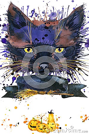 Halloween cat witch . Watercolor illustration background Cartoon Illustration