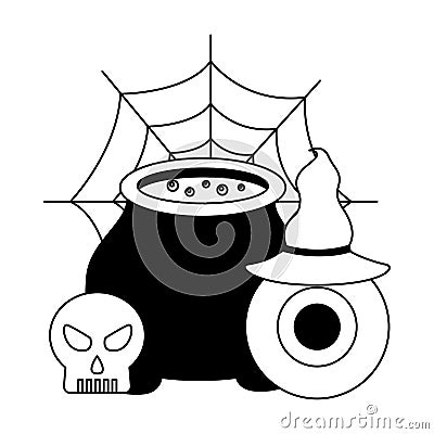 Halloween cauldron with skull and set icons Vector Illustration