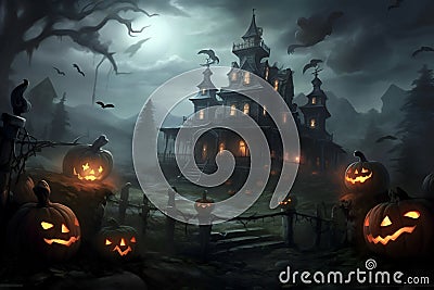 halloween celebration day with pumpkins, haunted house and people celebrating Stock Photo