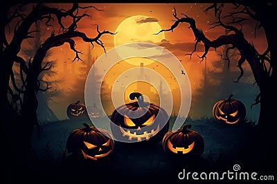 halloween celebration day with pumpkins, haunted house and people celebrating Stock Photo