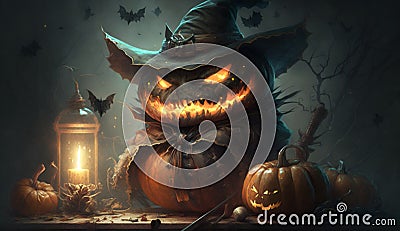 halloween celebration day with pumpkins, haunted house and people celebrating Stock Photo