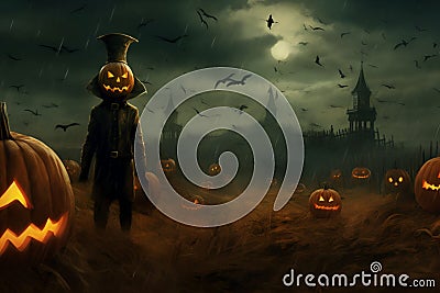 halloween celebration day with pumpkins, haunted house and people celebrating Stock Photo