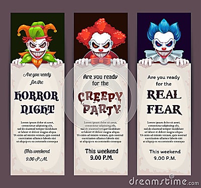 Halloween celebration event banners with scary clown faces. Vector Illustration