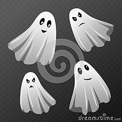 Halloween celebration. Set of ghost characters with different face expressions on transparent checkered background Vector Illustration