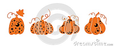 Halloween celestial pumpkin isolated clipart set, Fall magic pumpkin silhouette, Thanksgiving decor, Autumn witchy Vector Illustration