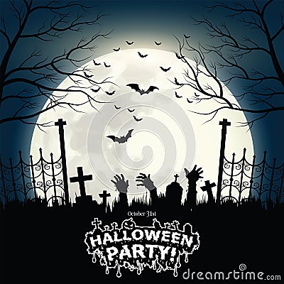 Halloween Cemetery in the night of the full moon and a flock of flying bats background. Vector Illustration