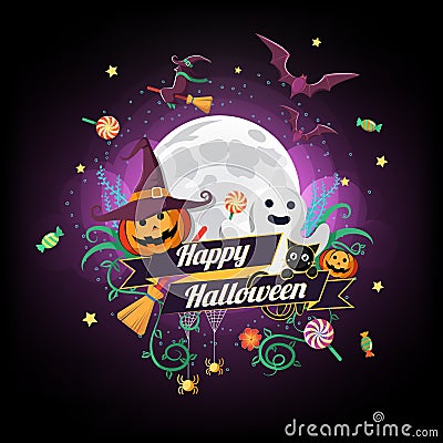 Halloween character and element design badge on full moon Background, Trick or Treat Concept, vector illustration Vector Illustration