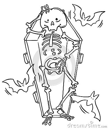 Halloween character. Funny smiling skeleton in coffin in cartoon style. Vector Illustration