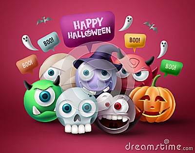 Halloween character vector design. Happy halloween text in speech bubble element with scary, spooky, creepy and cute mascot Vector Illustration