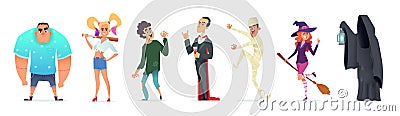 People in costumes for Halloween. Character design for a happy Halloween party. Vector illustration. Vector Illustration