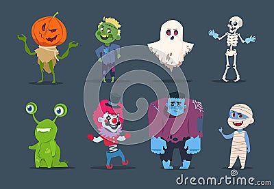 Halloween characters. Cute monsters and kids dressing in halloween costumes. Vector isolated set Vector Illustration