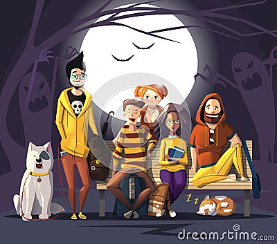Halloween Characters Friends. Characters` Colors Are Halloween Pumpkin. Happy Halloween Characters For Your Business Project. Stock Photo