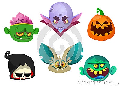 Halloween characters icon set. Cartoon heads of grim reaper bat pumpkin Jack o lntern zombie vampire Vector Illustration