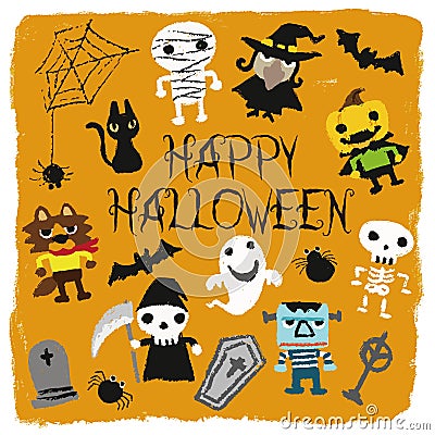 Halloween characters jack-o-lantern, pumpkin, mommy, ghost, bat, black cat, skeleton, monster, coffin, grave, werewolf, witch, Stock Photo