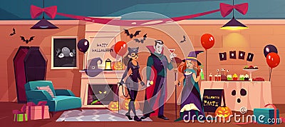 Halloween characters in party decorated interior Vector Illustration