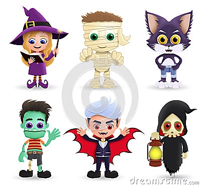 Halloween characters vector set. Halloween character in cute and scary costume of witch, mummy, wolf, zombie, vampire and grim rea Vector Illustration