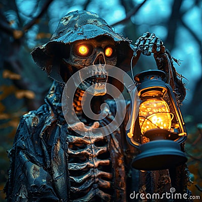 Halloween charm Skeleton holding lantern, creating a haunting silhouette Stock Photo