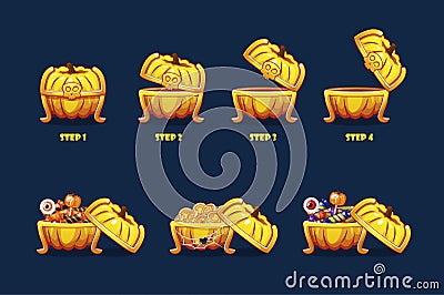 Halloween chest with sweets and coins. Vector animation step by step open and closed pumpkin chest Vector Illustration