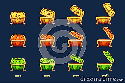 Halloween chest. Vector animation step by step open and closed pumpkin chest Vector Illustration