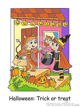 Halloween children exchange sweets vector colorful illustration Vector Illustration