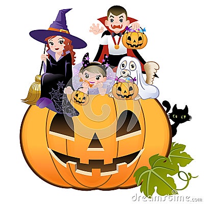 Halloween children wearing costume on pumpkin Vector Illustration
