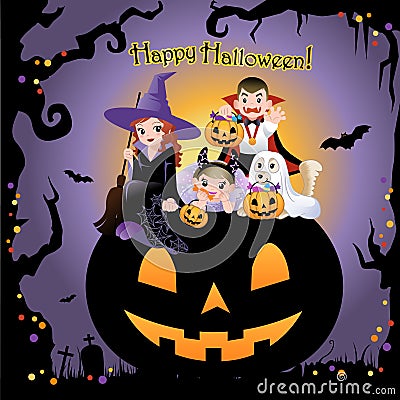 Halloween children wearing costume on on pumpkin Cartoon Illustration