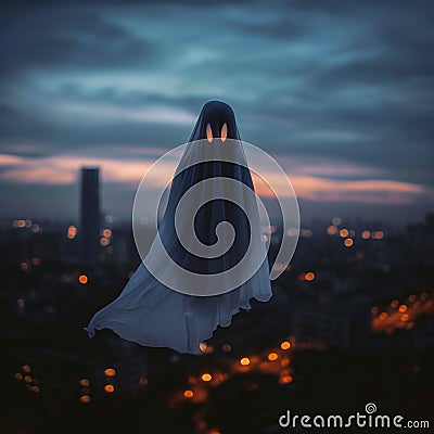 Halloween chills flying ghost sheet with city lights in background Stock Photo