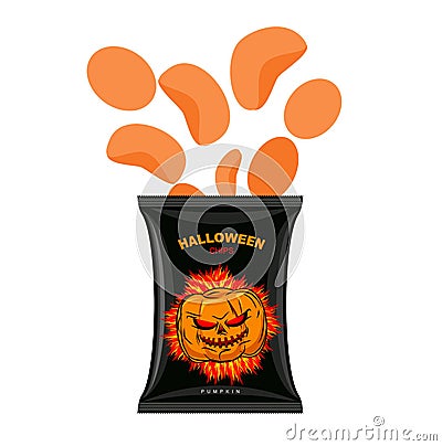 Halloween chips with pumpkin flavor. Snacks for dreaded holiday Vector Illustration