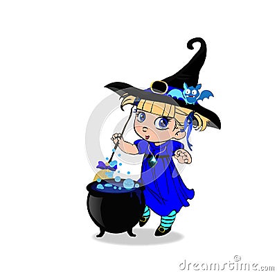 Halloween clip art character of kawaii blonde baby witch girl in blue dress with cauldron Vector Illustration