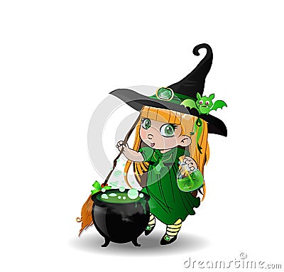 Halloween clip art character of little blonde baby witch girl in green dress with cauldron Vector Illustration