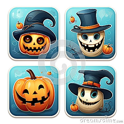 Halloween clipart Set, Various Smiles of Skeletons, Ghosts, Witches, watercolor Style, Stock Photo