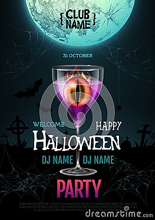 Halloween cocktail disco party poster with realistic transperent cocktail glass and burning eye inside Vector Illustration