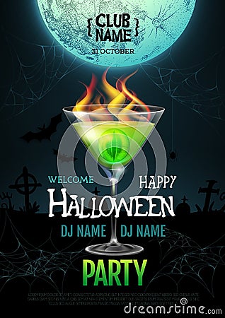 Halloween cocktail disco party poster with realistic transperent cocktail glass and burning eye inside Vector Illustration
