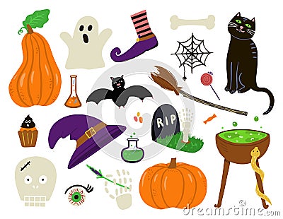 Halloween collection. Pumpkin, scull, black cat Vector Illustration