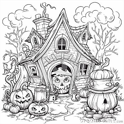 Halloween coloring book page. Coloring book page for adults or children. Halloween design fabulous house in the forest Vector Illustration