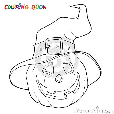 Halloween coloring book. Pumpkin in the hat. Vector Illustration