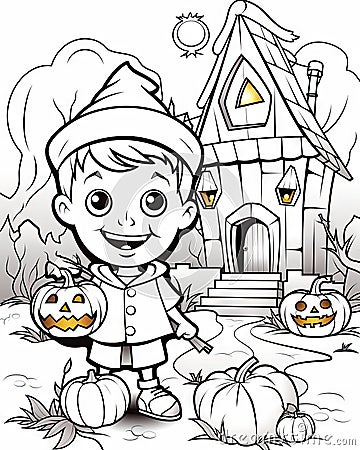 Halloween coloring pages for kids with scary pumpkins Stock Photo