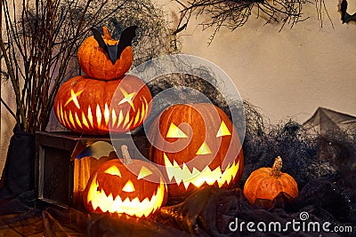 Halloween composition of burning pumpkin with bat. Cobwebs branches atmosphere Stock Photo