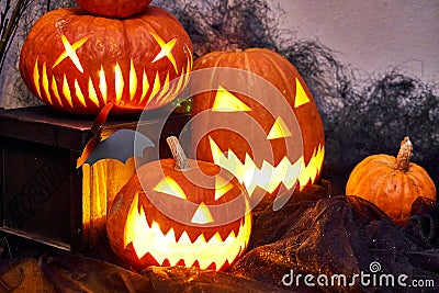 Halloween composition of burning pumpkin with bat. Cobwebs branches atmosphere Stock Photo